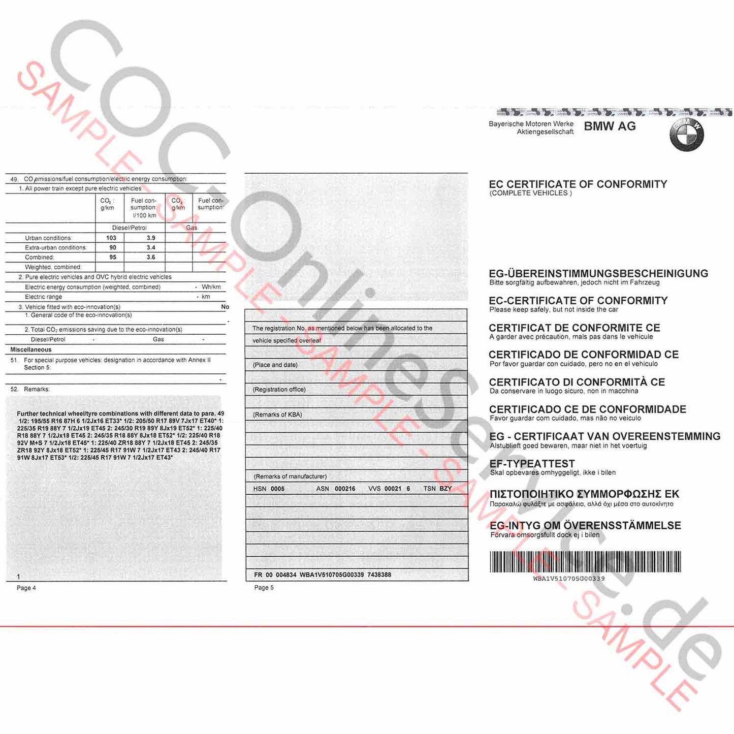COC Papiere für BMW (Certificate of Conformity)