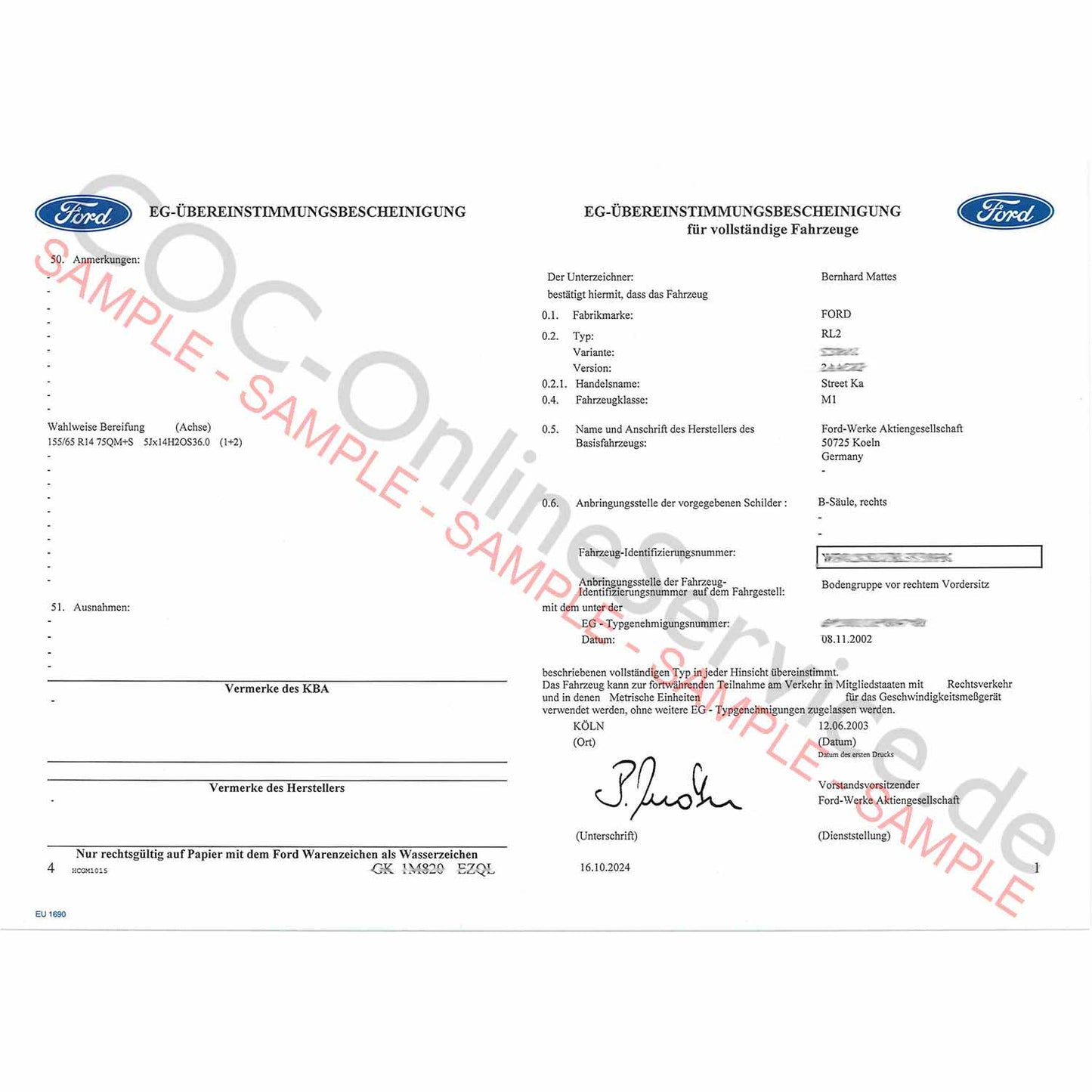 Papéis COC para Ford (Certificado de Conformidade)