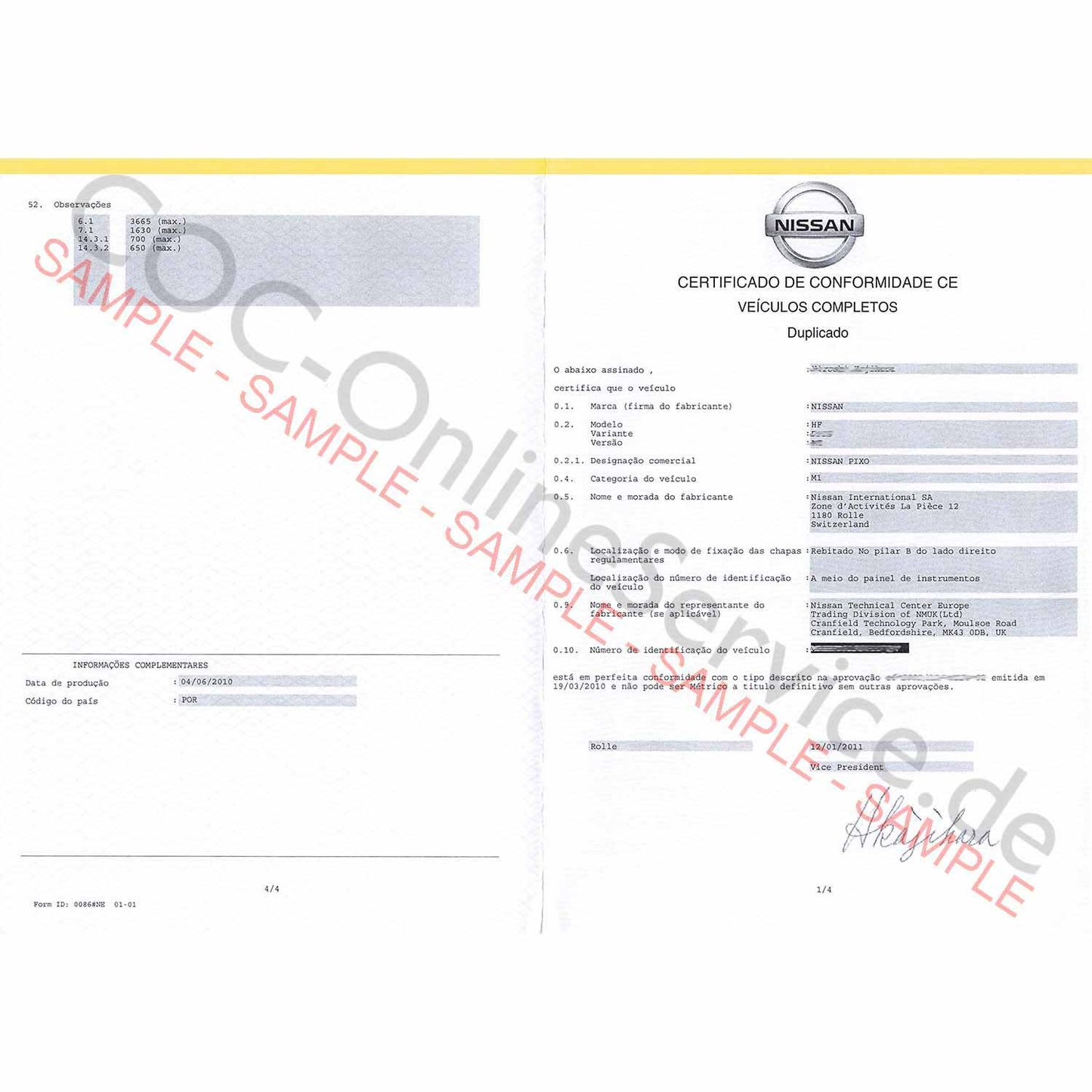 Documentos COC para Nissan (Certificado de Conformidad)