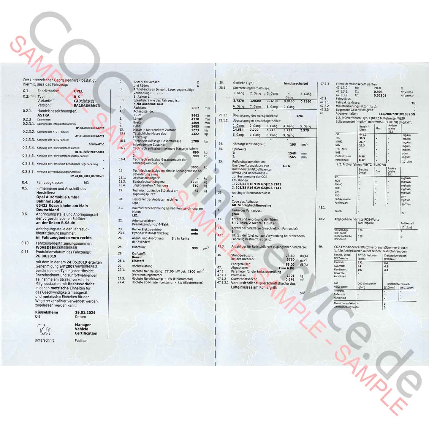 COC Document for OPEL (Certificate of Conformity)