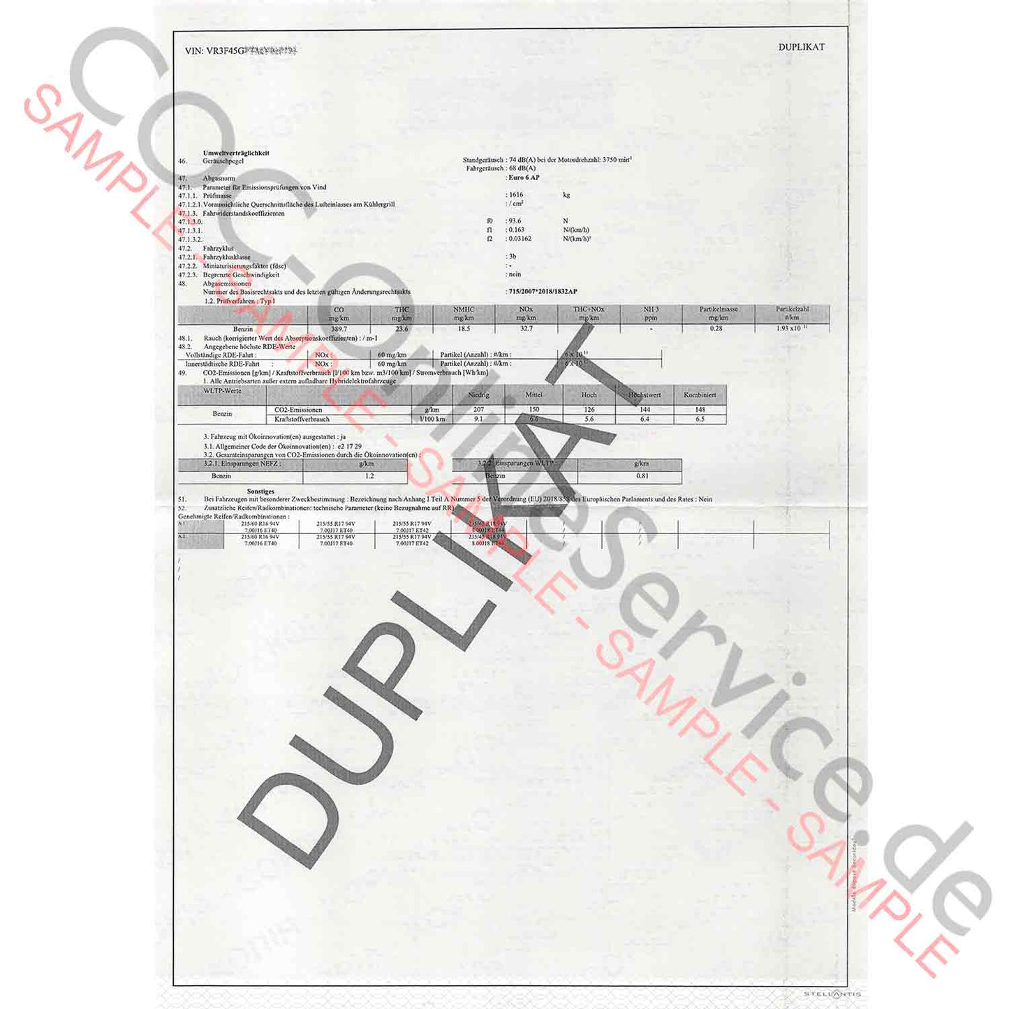 Papéis COC para Peugeot (Certificado de Conformidade)