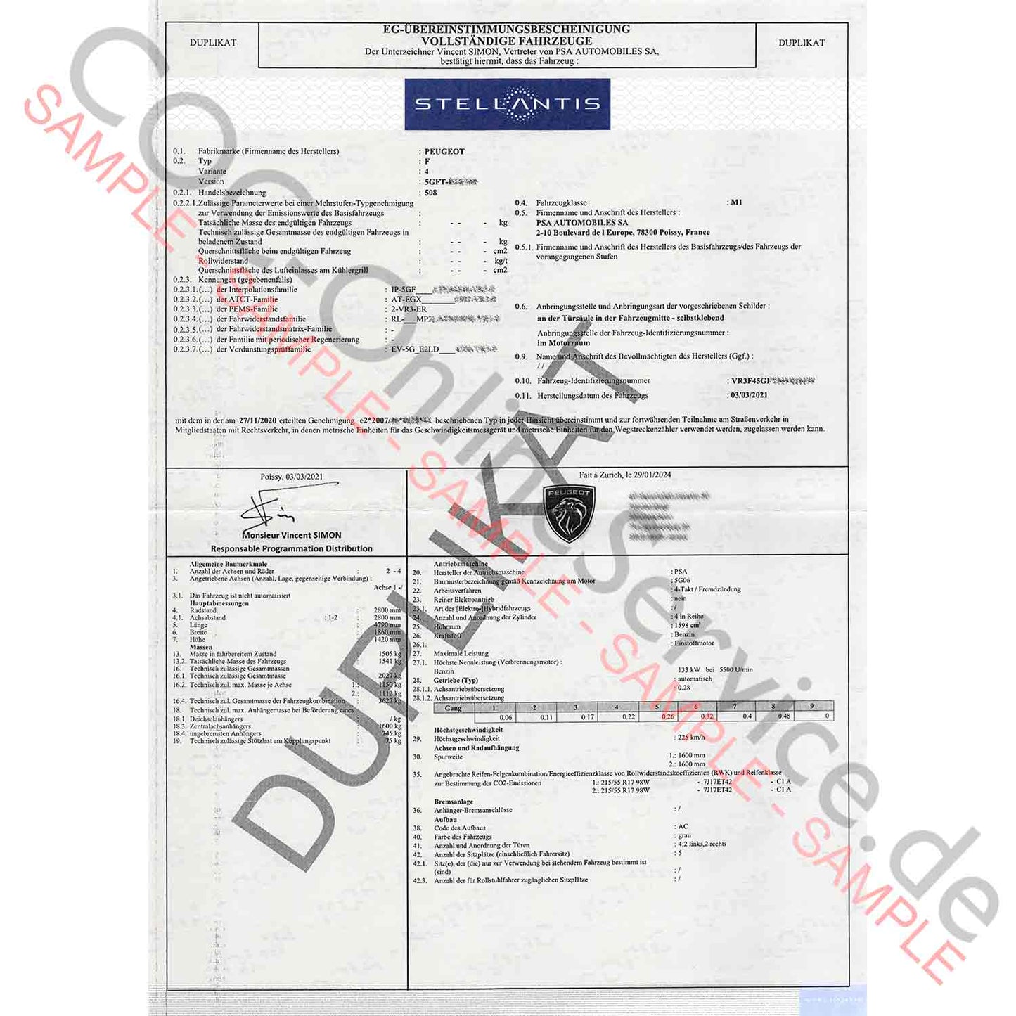 Papéis COC para Peugeot (Certificado de Conformidade)