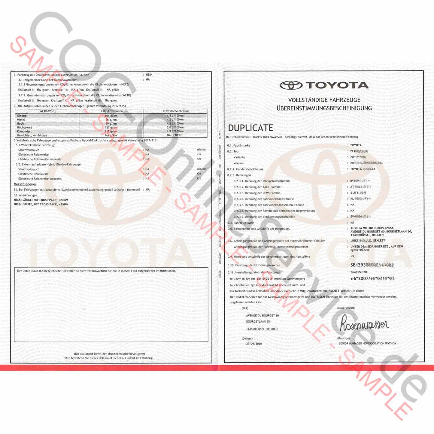 Documenti COC per Toyota (Certificato di conformità)
