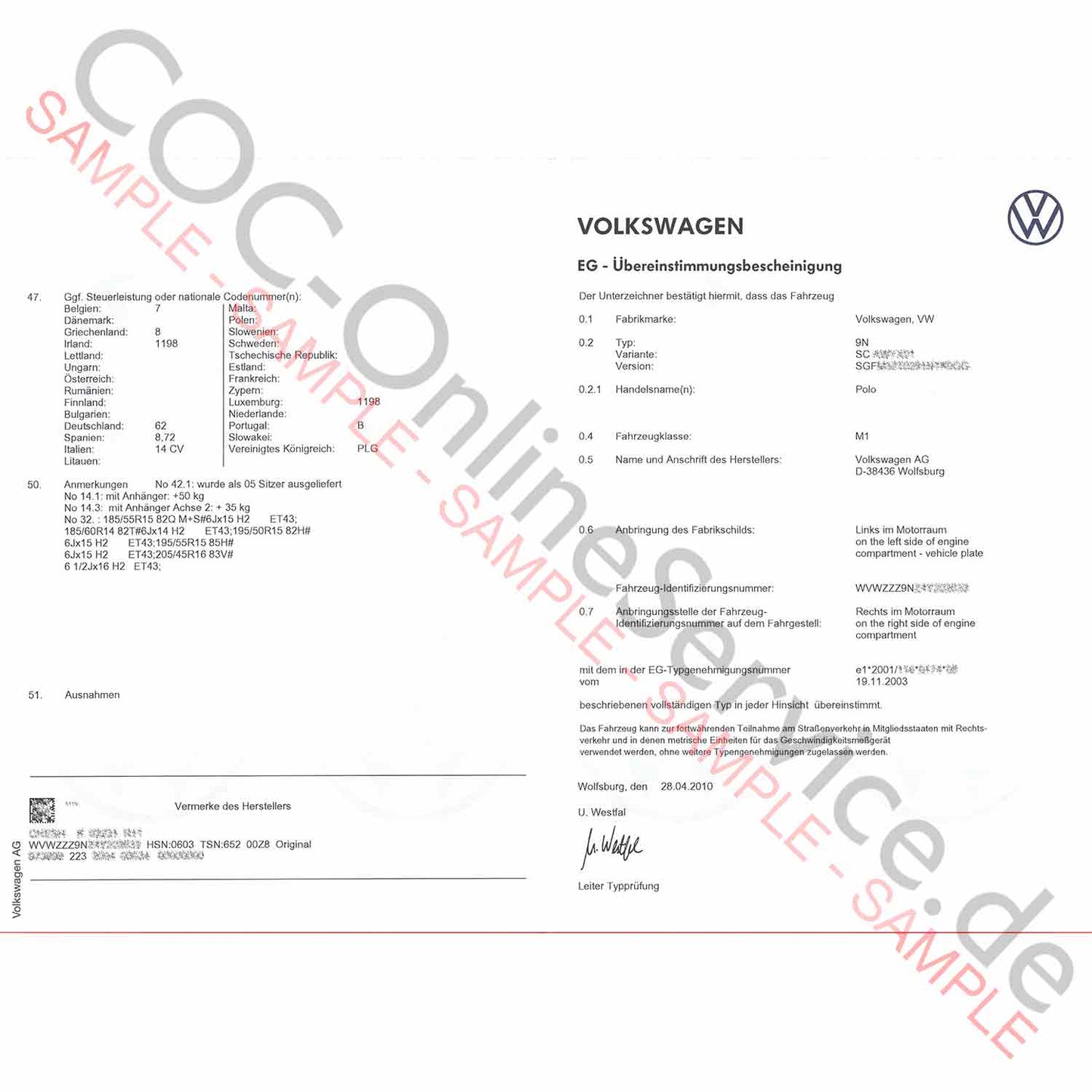 COC Papiere für VW Volkswagen (Certificate of Conformity)