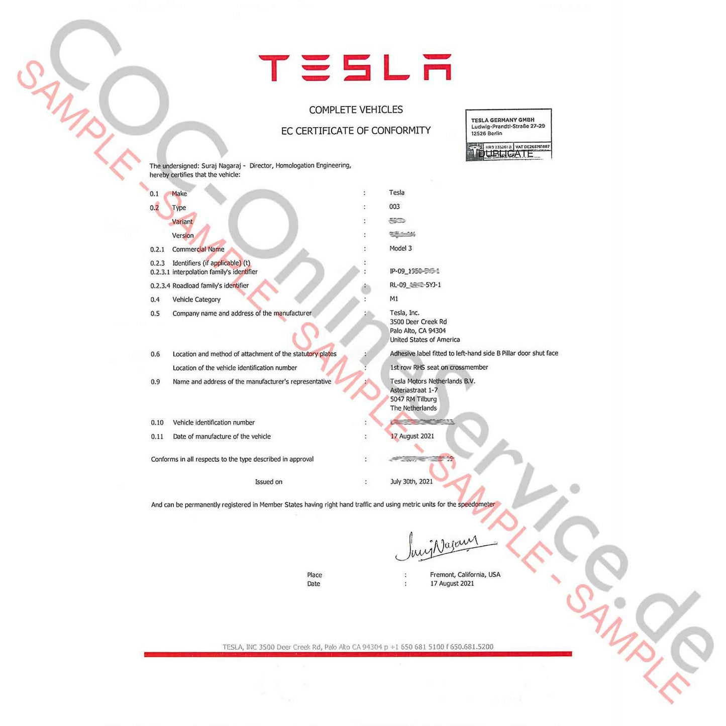 Documenti COC per Tesla (Certificate of Conformity)