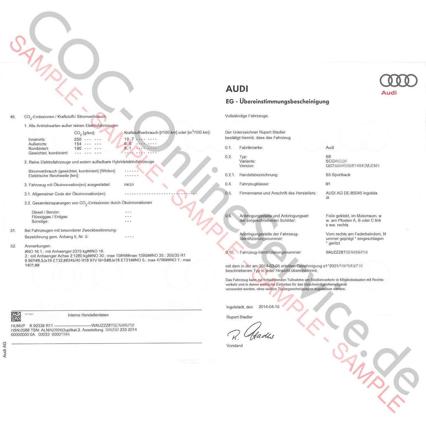 Papéis COC para Audi (Certificado de Conformidade)