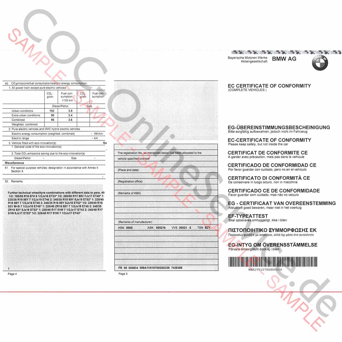 COC-papieren voor BMW (certificaat van overeenstemming)