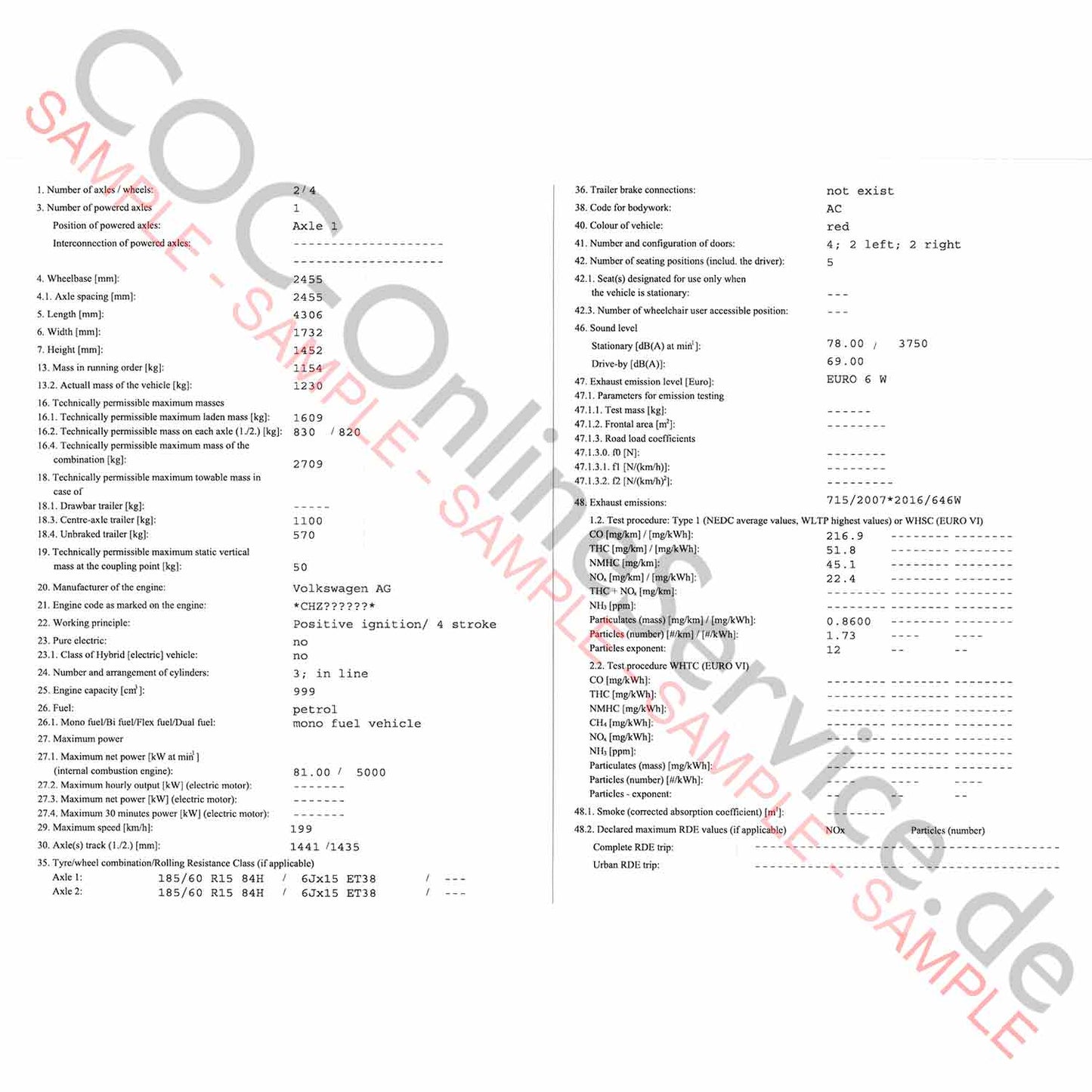 Papéis COC para Skoda (Certificado de Conformidade)